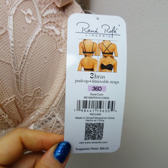 Rene Rofe 3-Pack Push up Bras Blush Pink White Tan Lace Multiway (36D) NWT! - Picture 10 of 13